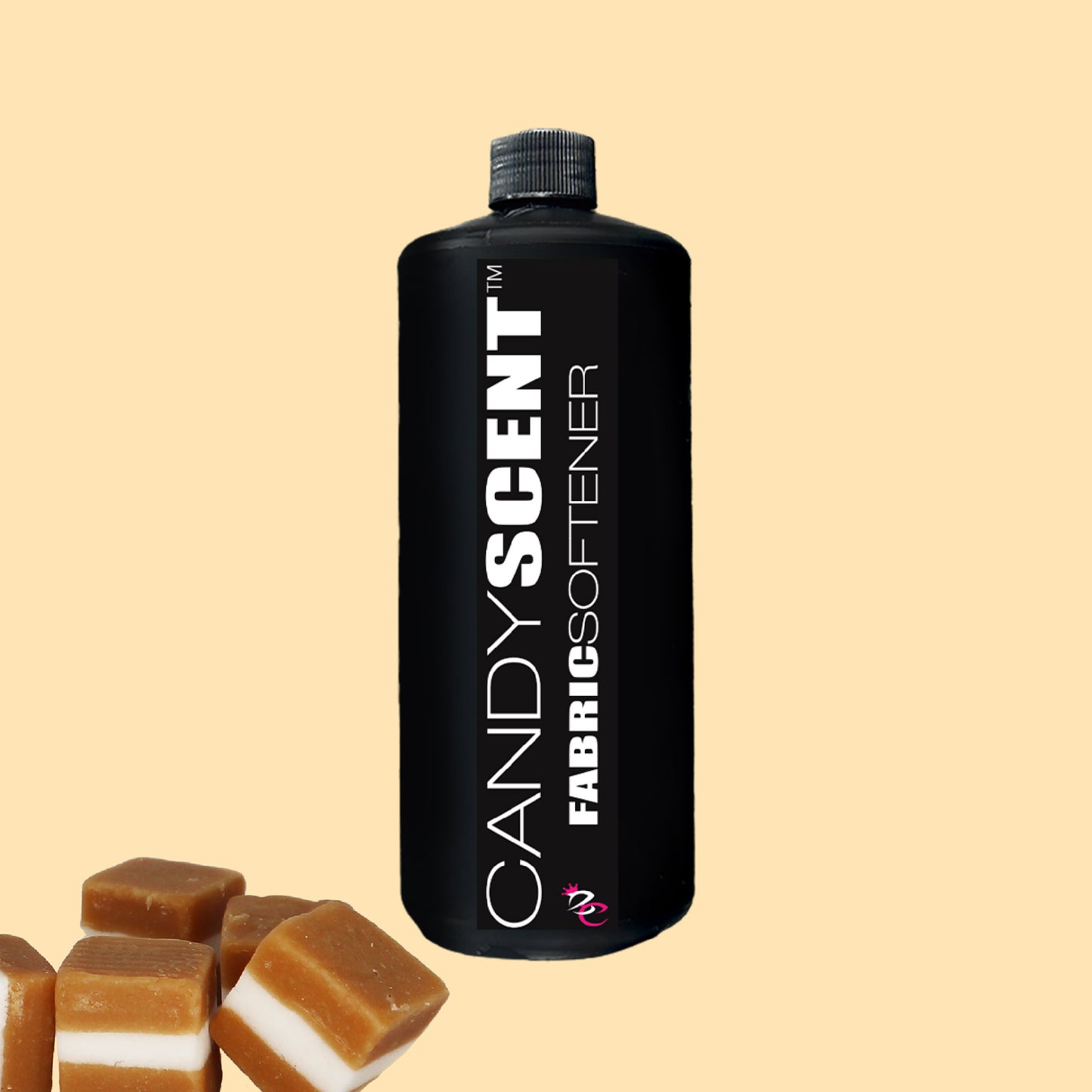 A black bottle with the label "CANDYSCENT™ Fabric Softener" is positioned vertically against a light yellow background. In the bottom left corner, five caramel candies with white centers symbolize the calming, static-free quality of this charming fabric softener.