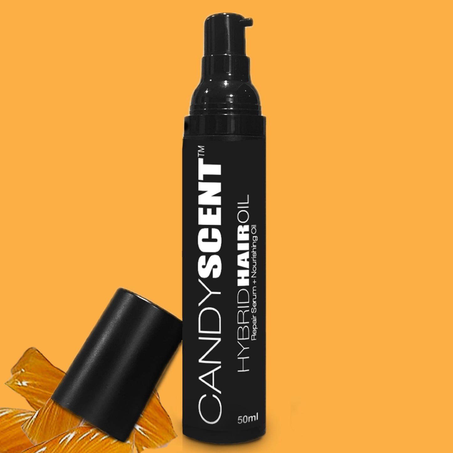 A black bottle of CANDYSCENT™ Hybrid Hair Oil labeled "Candy Scent" stands out against a yellow background. The bottle features a pump dispenser, with its cap placed next to it. Below, an orange sketch of a flower showcases the text: "Repair Serum + Nourishing Hair Oil, 50ml".