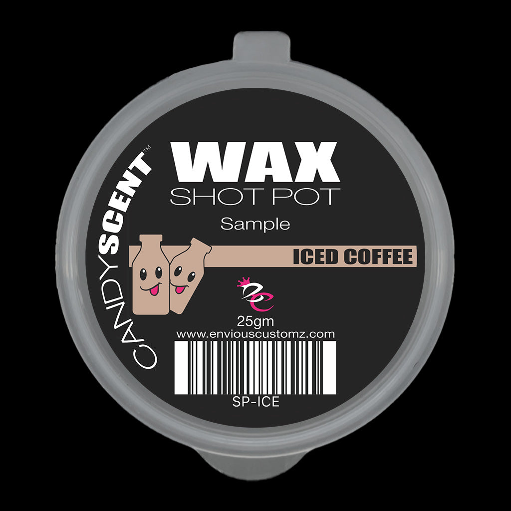 The (DISCONTINUED CANDYSCENT™'S) Wax Melts, featuring a scent of "Iced Coffee," come in a round shot pot with a gray lid. The label displays cartoon coffee cups alongside the CANDYSCENT™ branding and includes a barcode. With a sample weight of 25gm and identified by Product ID: SP-ICE from enviouscustomz.com, these wax melts are perfect for adding fragrance to your home.