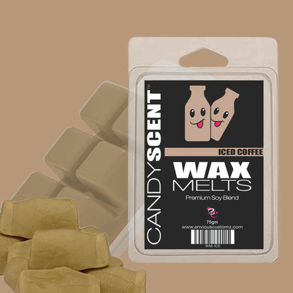 The whimsical packaging of CANDYSCENT™'s (DISCONTINUED) Wax Melts, featuring two cheerful cartoon bottles, beautifully complements the inviting light brown wax, designed to infuse your home with delightful fragrances.