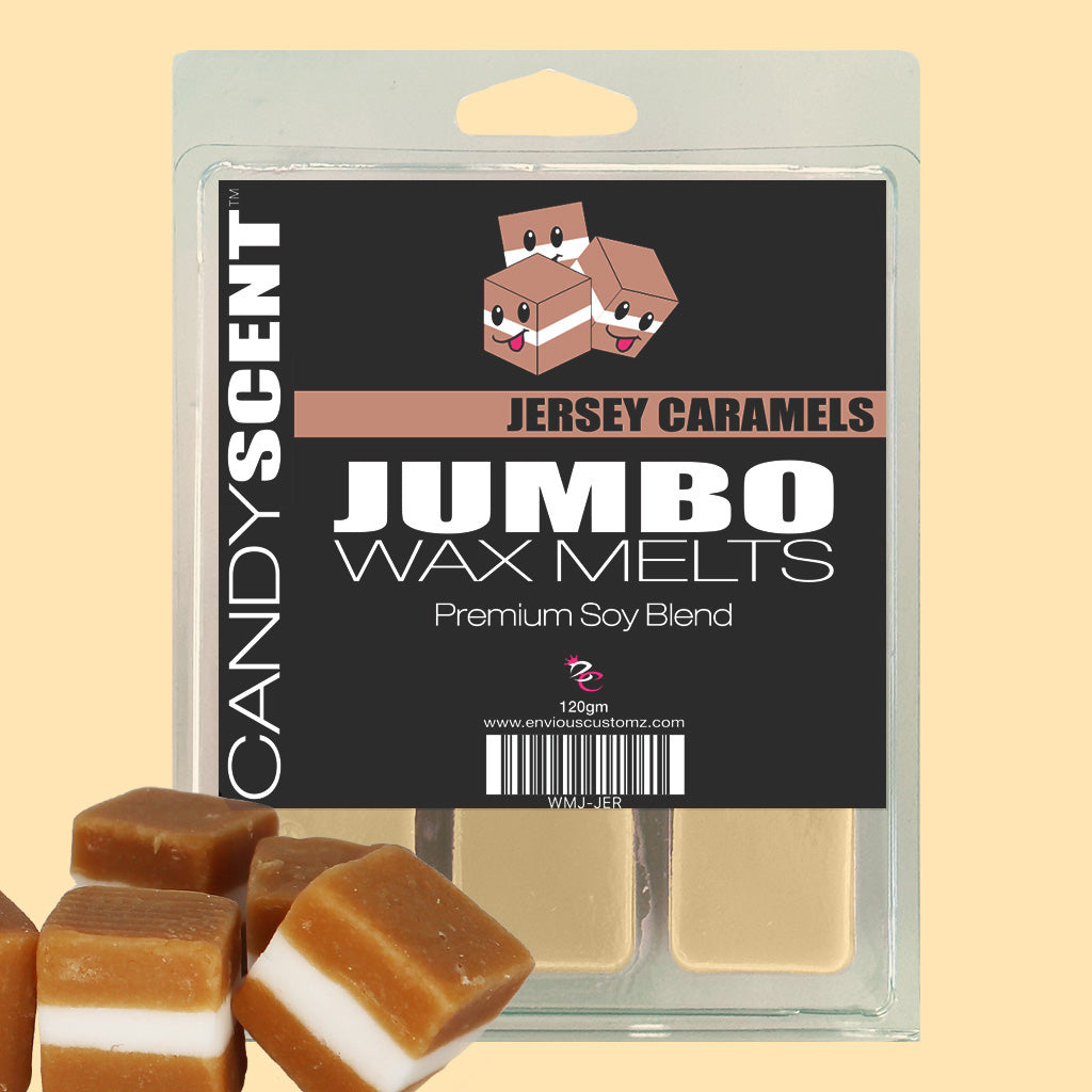 Product packaging for "CANDYSCENT™ Jumbo Wax Melts." The label features a cute illustration of three caramel squares with faces. The package contains four large, highly scented wax melts, and additional caramel pieces are displayed in the bottom left corner.