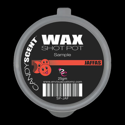 A circular wax shot pot from CANDYSCENT™, labeled "(DISCONTINUED CANDYSCENT™'S) Wax Melts," features the delightful "Jaffas" flavor. The pot includes a logo, barcode, and a weight of 25gm, making it ideal for home fragrance enthusiasts. The website "www.enviouscustomz.com" is printed below.