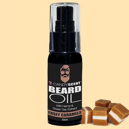 A 50ml bottle of CANDYSCENT™ Beard Oil, enriched with hemp and green tea extract. The black label showcases an illustration of a man with glasses and a mustache. A few pieces of jersey caramel candy are placed nearby on a beige background, making it an essential part of your grooming routine for optimal beard health.