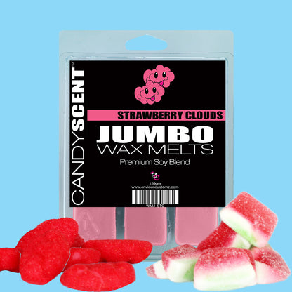 A package of CANDYSCENT™ Jumbo Wax Melts in the scent "Strawberry Clouds" is shown. The clear package reveals pink, highly scented wax melts inside. Below the package are strawberry-shaped candies and watermelon slice candies, all set against a light blue background that promises a long-lasting aroma.