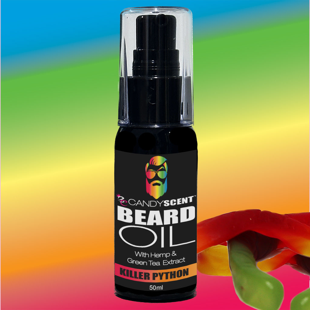 A 50ml bottle of CANDYSCENT™ Beard Oil, named "Killer Python," is showcased against a vibrant, multicolored backdrop. This essential grooming product contains hemp and green tea extract for the best beard care. The black base bottle with a clear pump top is accompanied by a brightly colored gummy snake in the foreground.