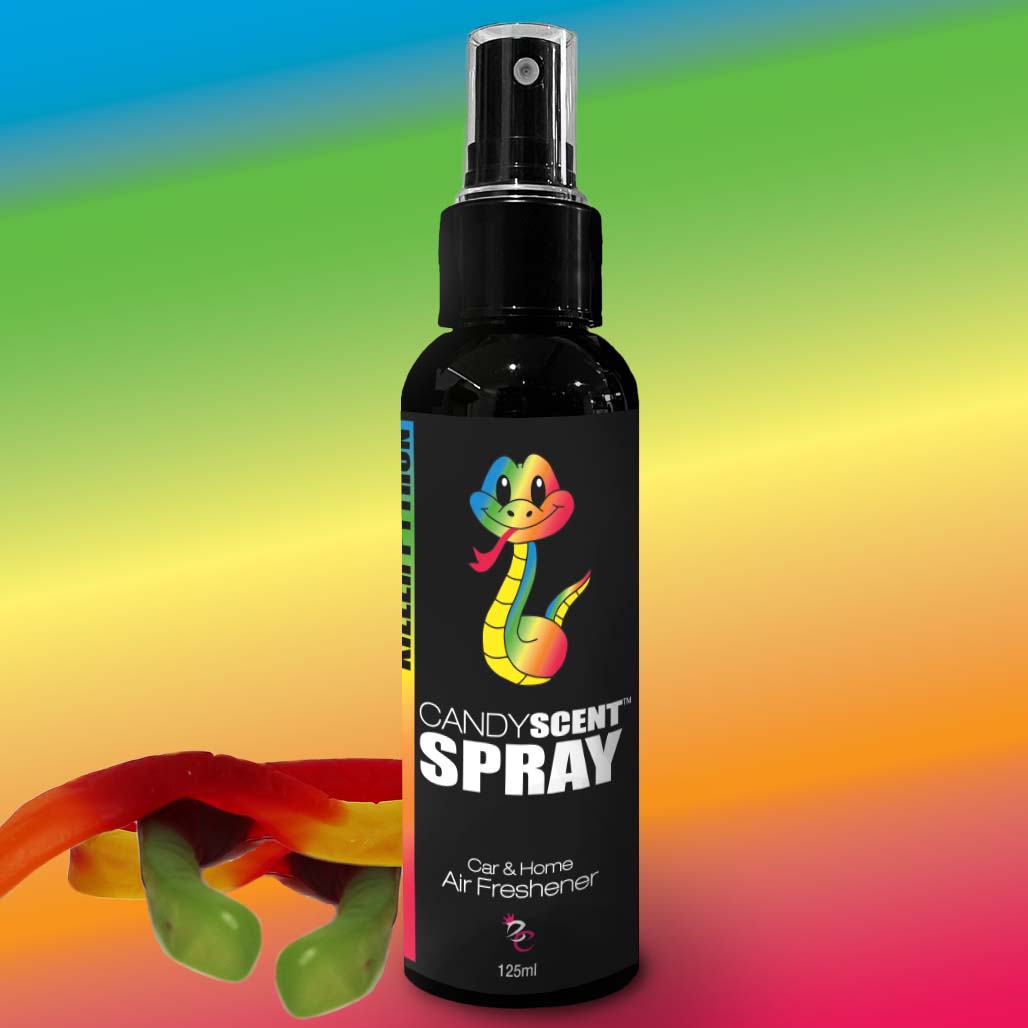 A 125ml bottle of CANDYSCENT™ Car & Home Scent Spray, distinguished by its cartoon snake logo on a black label. The vibrant gradient background in blue, green, yellow, and orange accentuates the gummy snake candies in the foreground. Enjoy a fresh environment as it effectively eliminates odours with its long-lasting fragrance.