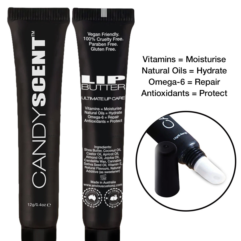 Two black tubes of lip balm labeled "CANDYSCENT™ Lip Butter" boast a rich blend of moisturizing, vegan, cruelty-free, paraben-free, gluten-free natural ingredients. Packed with vitamins, natural oils, Omega-6, and antioxidants. A small inset shows the lip balm applicator tip.