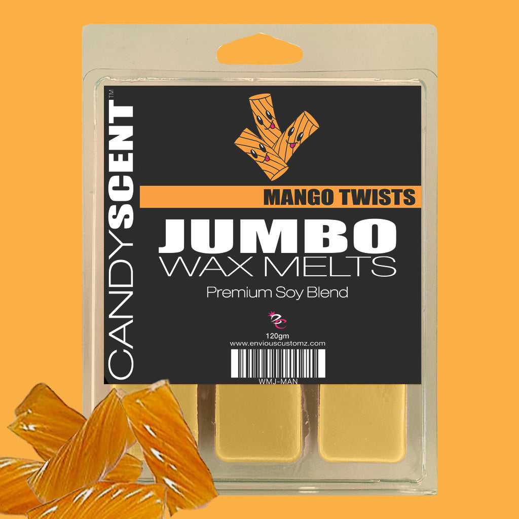 Packaging of CANDYSCENT™ Jumbo Wax Melts in a "Mango Twists" scent. The transparent package reveals four golden, highly scented wax melts inside. Text on the package reads "Premium Soy Blend" and "124gm." An image of mango twists is also shown, promising a long-lasting aroma.