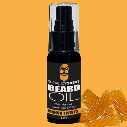 Experience the benefits of CANDYSCENT™ Beard Oil with hemp and green tea extract in a 50ml bottle, designed to promote optimal beard health. The label showcases a stylized beard and glasses logo, while the "Mango Twists" scent delivers a refreshing aroma. The solid orange background is uniquely accented with glass shards in the bottom right corner.