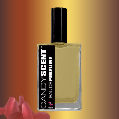 A bottle of CANDYSCENT™ Eau De Perfume / Cologne with a black cap and label stands proudly against a gradient brown background. Filled with light yellow liquid, the 100ml bottle captures sweet playful fragrances reminiscent of sugary treats. In the bottom left corner, red gummy candies add a delightful touch.