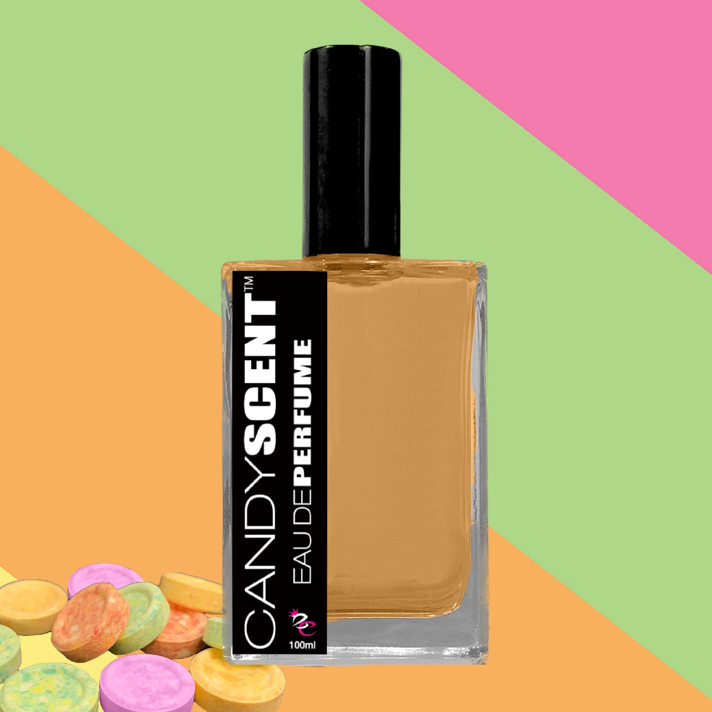 A bottle of "CANDYSCENT™ Eau De Perfume / Cologne" with 100ml capacity is showcased against a vibrant backdrop featuring green, orange, and pink diagonal stripes. Pastel-colored candies are scattered at the bottom left corner of the image, evoking sweet and playful fragrances reminiscent of sugary treats.