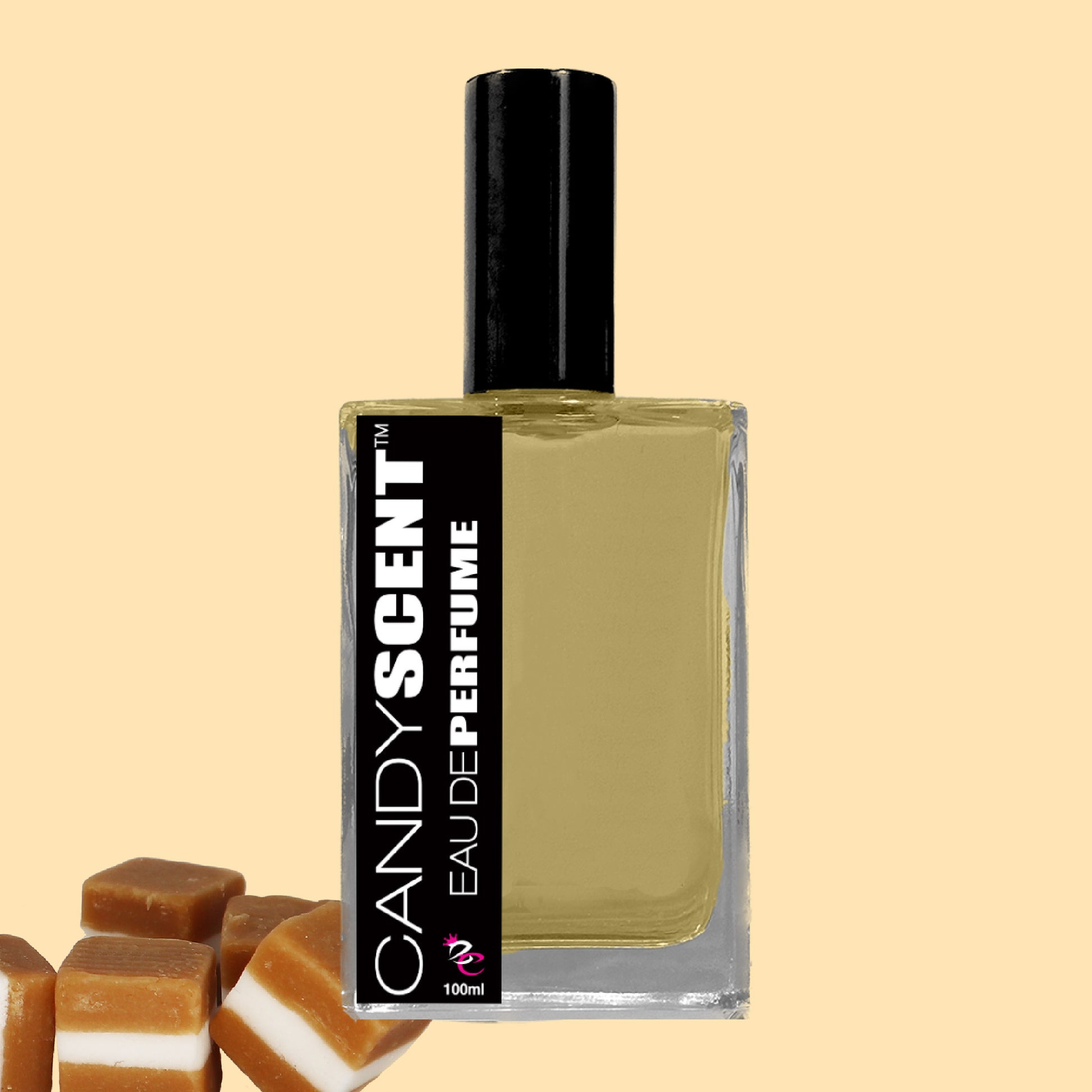 A 100ml bottle of "Eau De Perfume / Cologne" by CANDYSCENT™ featuring a black cap and black label, holding light yellow liquid. The perfume bottle is showcased against a beige background with pieces of caramel candy in the bottom left corner, capturing the essence of sugary treats and playful, sweet fragrances.