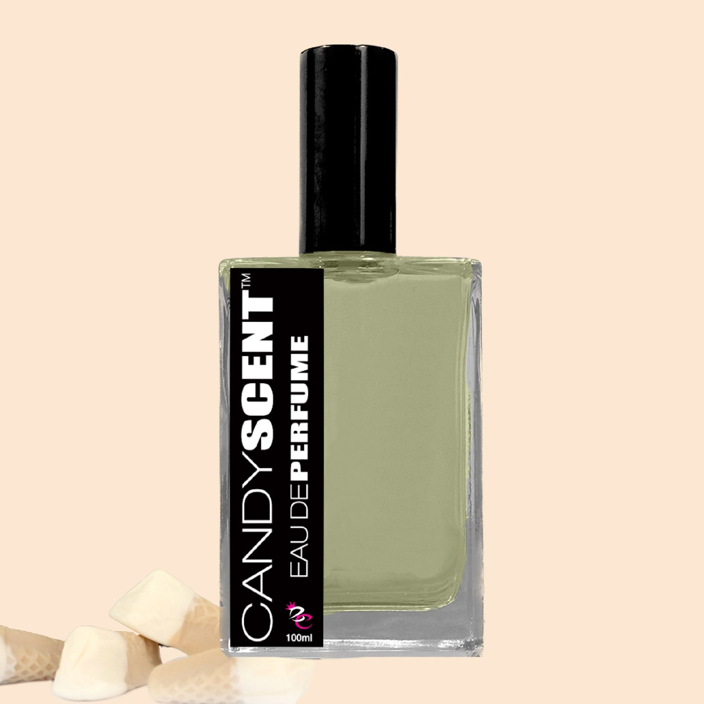 A rectangular glass perfume bottle filled with light green liquid topped with a sleek black cap. The label on the bottle reads "CANDYSCENT™ Eau De Perfume / Cologne". This sweet fragrance, perfect for everyday wear, is set against a beige background with a few candies at its base.