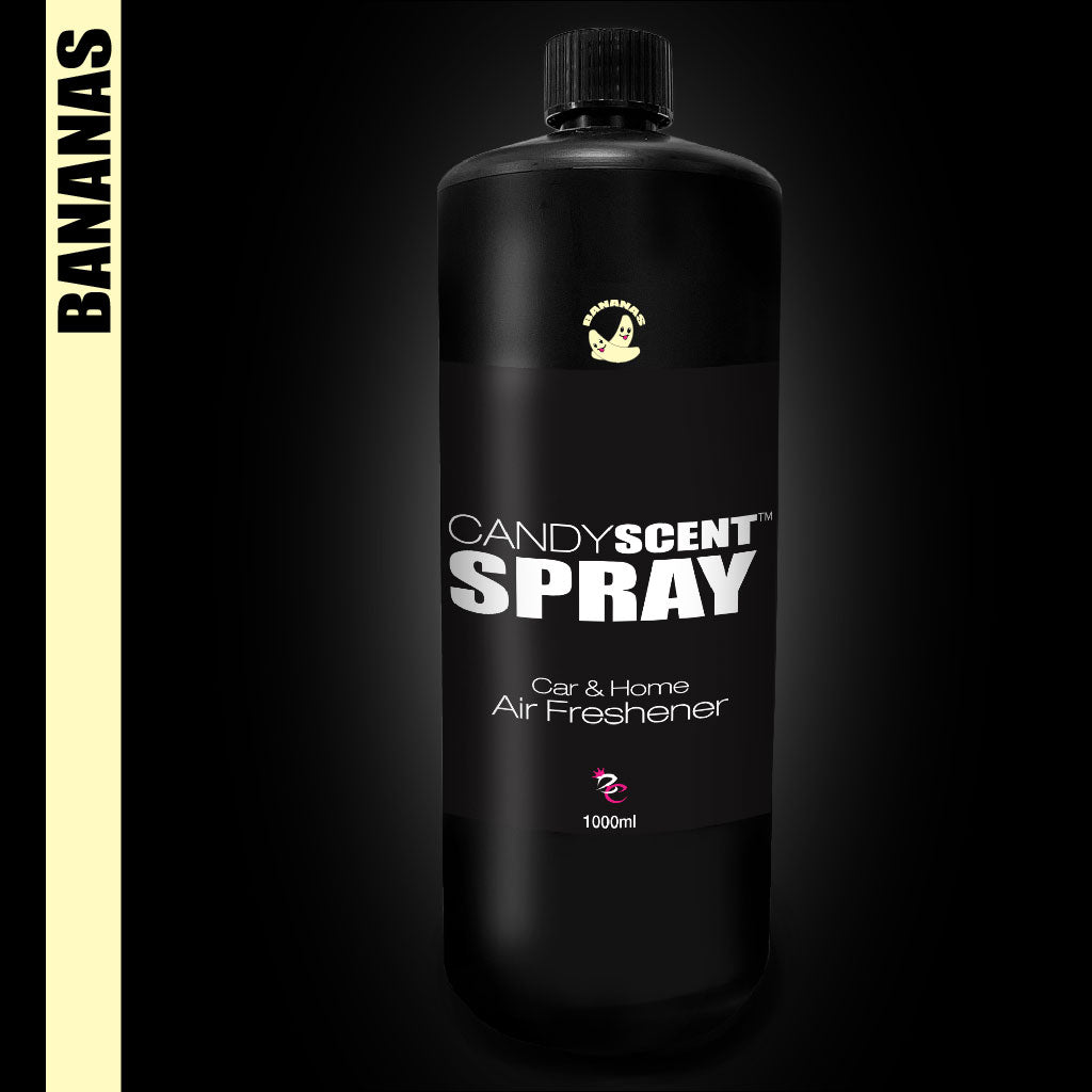 The stylish black bottle, labeled "CANDYSCENT SPRAY," provides a lasting fragrance for both car and home settings. It boasts the delightful "BANANAS" scent. With its ample 1000ml capacity and a distinctive banana icon logo, it efficiently eliminates odours while the dark background accentuates its sophistication.