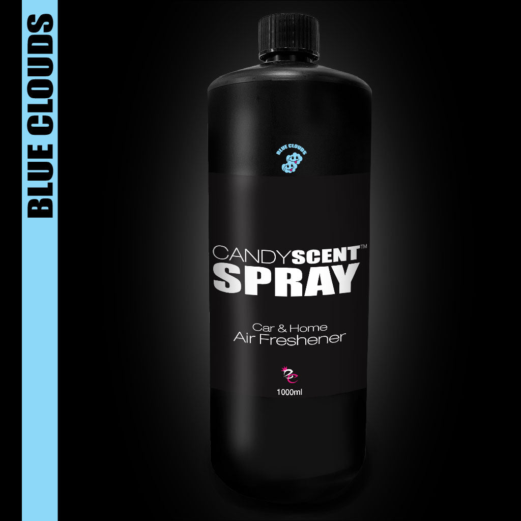 The stylish black "Car & Home Scent Sprays" bottle from CANDYSCENT™ contains 1000ml of refreshing spray for both vehicles and living spaces. Adorned with a minimalist logo at the top, it displays the text "Blue Clouds" on a light blue vertical strip, providing an enduring fragrance that effectively eliminates odors.