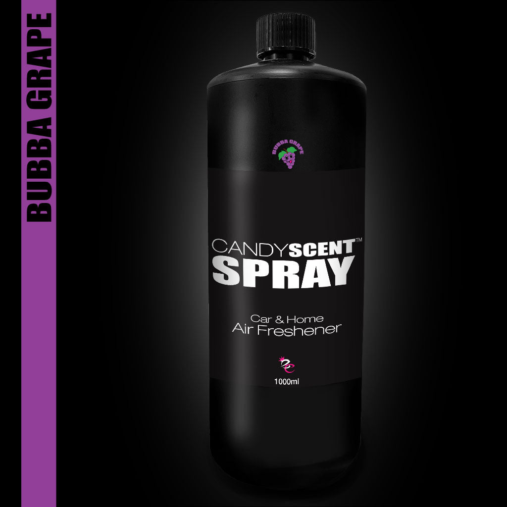 The CANDYSCENT™ Car & Home Scent Sprays come in a sleek black bottle adorned with a playful purple grape icon and text on a dark background, perfectly capturing the Bubba Grape fragrance. Experience a long-lasting scent that effortlessly eliminates odors in both your car and home.