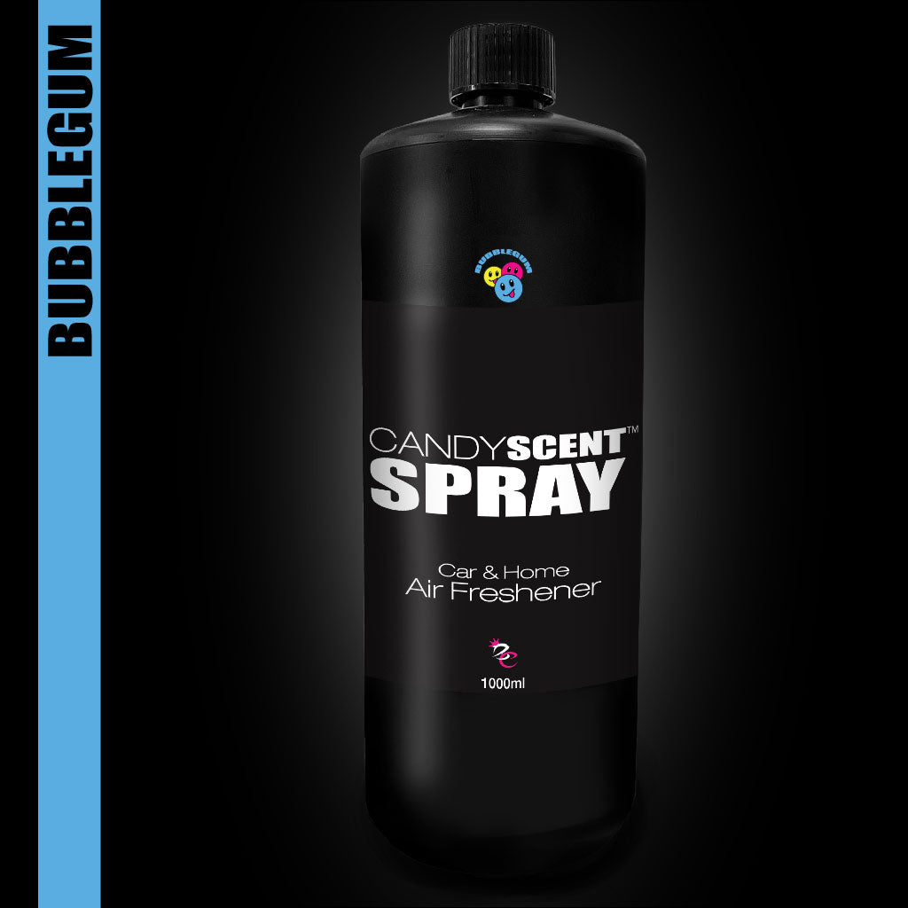 A large black bottle from CANDYSCENT™, labeled "Car & Home Scent Sprays," features a Bubblegum fragrance to eliminate odors and freshen the air with a long-lasting scent. Displayed against a black background, the design includes a blue vertical strip on the left reading "Bubblegum" and is enhanced by a colorful logo at the top. The bottle has a capacity of 1000ml.