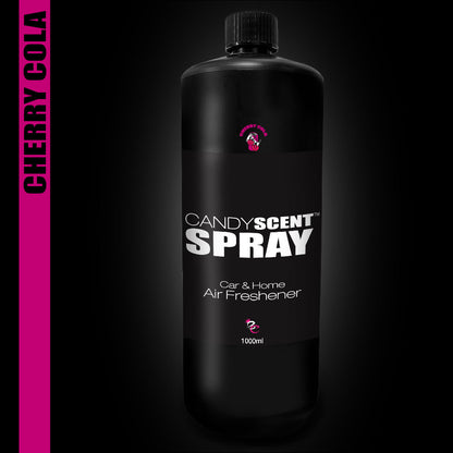 A stylish black bottle from CANDYSCENT™ Car & Home Scent Sprays exudes a delightful cherry cola scent, featuring a design with white text and a pink vertical stripe on the black background.