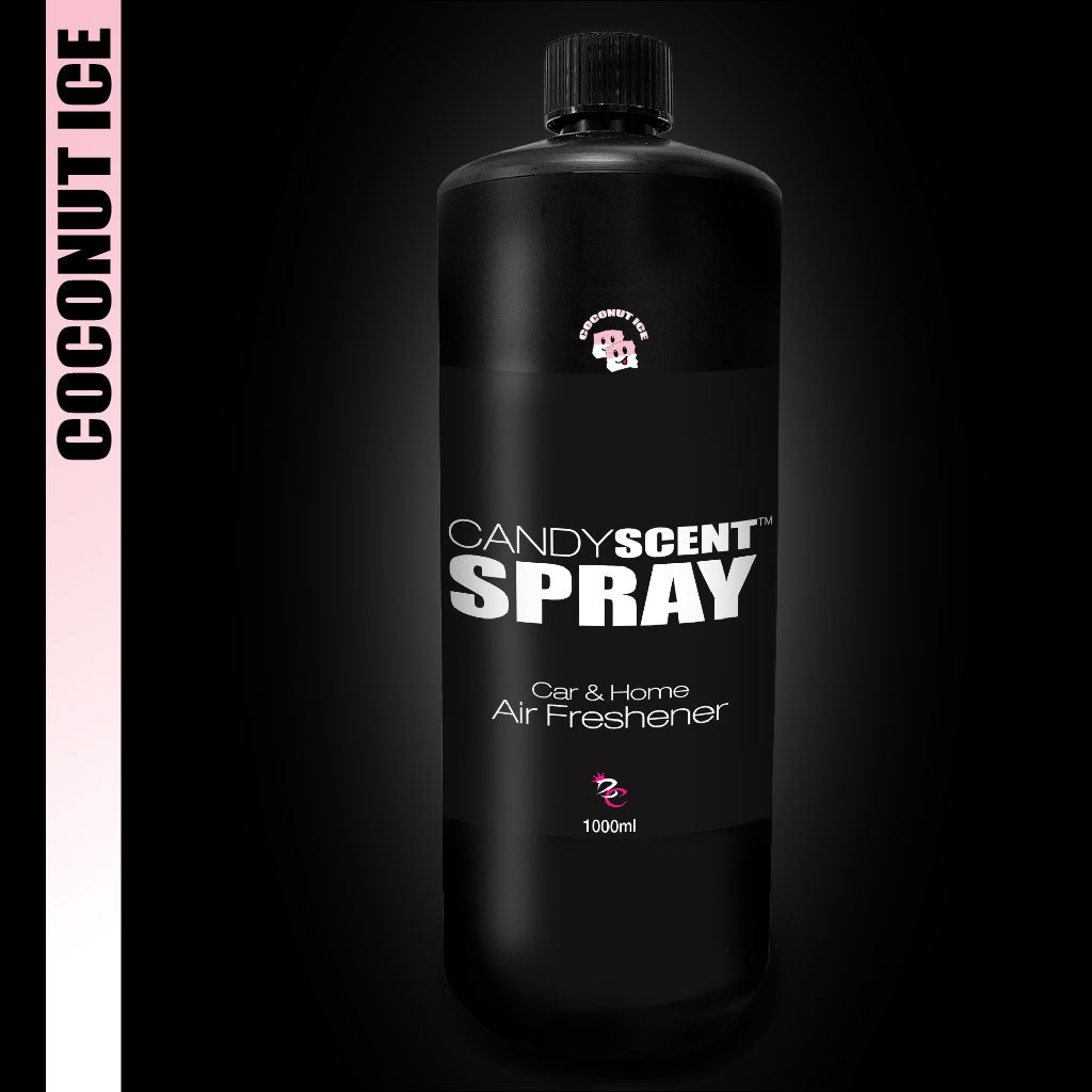 Picture a large black bottle displaying the "CANDYSCENT™ Car & Home Scent Spray" label, featuring the scent "Coconut Ice." This spray guarantees a long-lasting fragrance designed to eliminate odours. It's set against an elegant black backdrop.