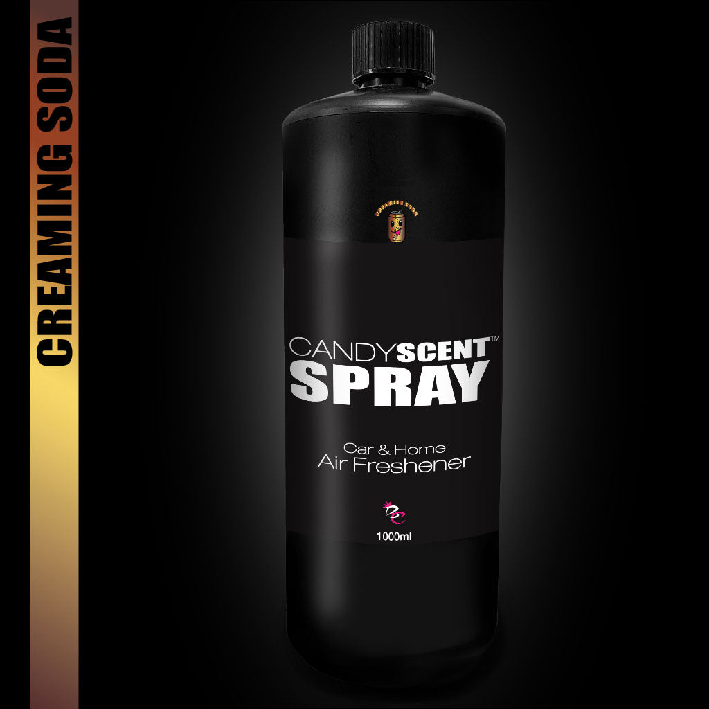 The CANDYSCENT™ Car & Home Scent Sprays in black features a sweet "creaming soda" fragrance, ideal for use in both cars and homes. It has a long-lasting scent and a substantial 1000 ml capacity, with the backdrop elegantly transitioning from black to light brown.