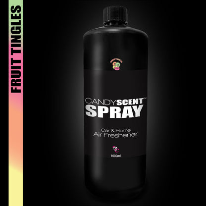 A black bottle featuring the label "Candy Scent Spray: Car & Home Air Freshener, 1000ml" stands out against a black backdrop. On the left, a vibrant gradient strip showcases the label "Fruit Tingles," elegantly suggesting CANDYSCENT™ Car & Home Scent Sprays and their delightful aroma with enduring fragrance.