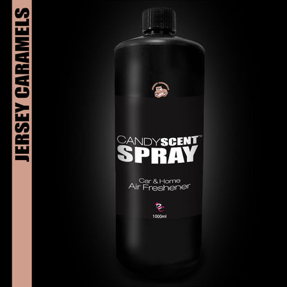 A black bottle labeled "Car & Home Scent Sprays, 1000ml" by CANDYSCENT™ exudes a sweet aroma. The dark backdrop features a vertical strip with "JERSEY CARAMELS," highlighting the long-lasting fragrance of CANDYSCENT™ Car & Home Scent Sprays.