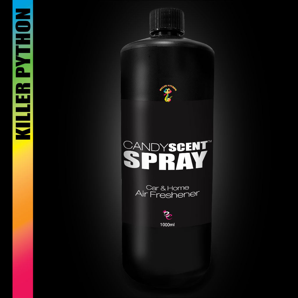 Displayed is an image of a sleek black bottle labeled with the brand name CANDYSCENT™ for their Car & Home Scent Sprays, featuring a generous 1000ml capacity. The left side of the bottle showcases a vibrant gradient strip with the text "Killer Python." Its sweet fragrance ensures long-lasting freshness, while the black backdrop accentuates the product's design.