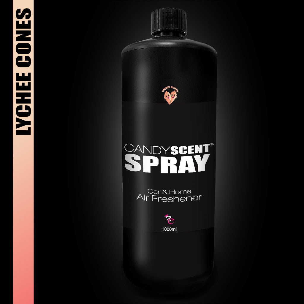 The elegant black bottle of CANDYSCENT™ Car & Home Scent Sprays prominently showcases the "Lychee Cones" label. Its dark design emphasizes sophistication while providing a sweet and enduring fragrance in a 1000ml spray, ensuring your surroundings remain fresh and welcoming.