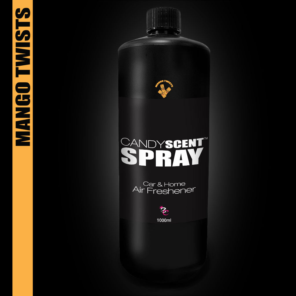 A picture of a 1000 ml black bottle labeled "Candy Scent Spray," featuring a mango twist fragrance designed for cars and homes. Offering an enduring aroma that effectively neutralizes odors, the bottle is set against a dark backdrop with a prominent side banner stating "Mango Twists." Experience CANDYSCENT™ Car & Home Scent Sprays.