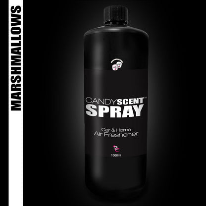 A sleek black bottle of Car & Home Scent Sprays, labeled "Candy Scent Spray," is ideal for use in both cars and homes. Set against a dark background, "Marshmallows" prominently contrasts beneath the CANDYSCENT™ logo. This 1000ml bottle offers an enticingly sweet aroma with a long-lasting fragrance.