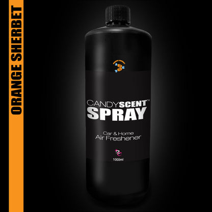 The CANDYSCENT™ Car & Home Scent Spray comes in a sleek black bottle with a 1000ml capacity. It features the sweet "Orange Sherbet" fragrance, highlighted on an orange vertical strip, making it an ideal choice for freshening up any space with long-lasting scent.