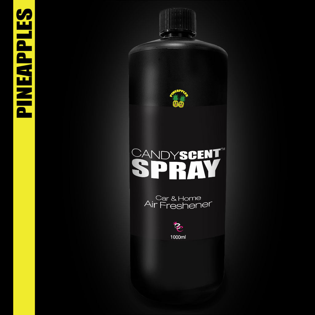 The Car & Home Scent Sprays by CANDYSCENT™ come in an elegant black bottle, showcasing a "Pineapples" label on the left side. Positioned against a dark backdrop, this product pledges to remove odors and provide a long-lasting fragrance for any environment.