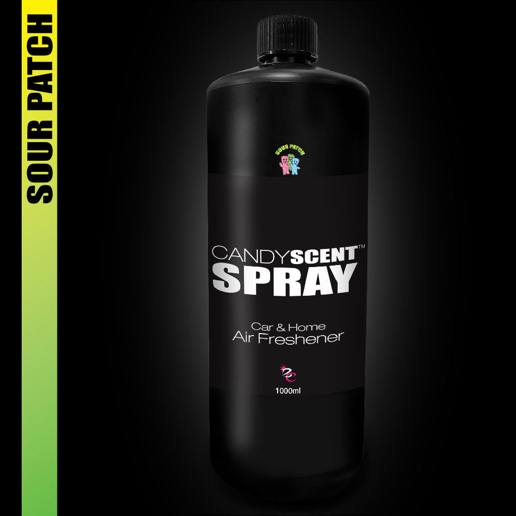 A 1000ml black bottle of CANDYSCENT™ Car & Home Scent Sprays, designed to freshen the air with a sweet aroma. "Sour Patch" is featured in green text on the left side against a black background, offering a long-lasting fragrance for your car and home.