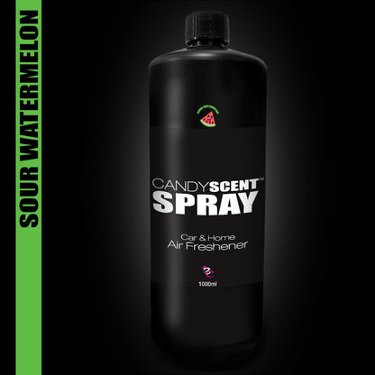 The CANDYSCENT™ Car & Home Scent Sprays come in a sleek black bottle, featuring a captivating "Sour Watermelon" scent label in bright green on the left side, along with a charming watermelon graphic. With a 1000ml capacity, it ensures long-lasting fragrance and effective odor elimination.