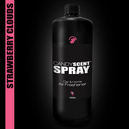 Image of a dark bottle labeled "Car & Home Scent Sprays" from CANDYSCENT™ with a 1000ml capacity. The words "Strawberry Clouds" appear vertically on the left side against a pink stripe. This product, distinguished by its black cap and strawberry logo, offers a long-lasting fragrance that efficiently eliminates odors.