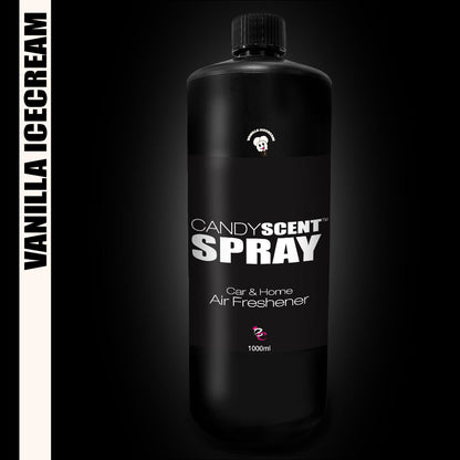 The stylish black bottle, proudly displaying "CANDYSCENT™ Car & Home Scent Sprays," guarantees a long-lasting aroma with "Vanilla Icecream" elegantly highlighted. Ideal for removing odors in both your car and home, it is set boldly against a dark background.