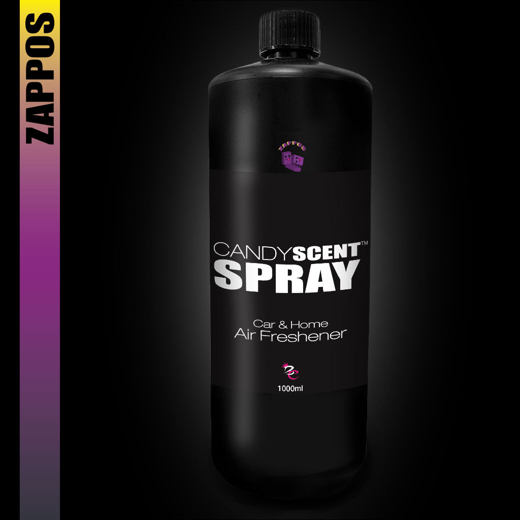 A 1000ml black bottle of "Car & Home Scent Sprays" by CANDYSCENT™, designed to eliminate odors with a long-lasting fragrance, features a gradient stripe in yellow to purple on the left side against a black background.