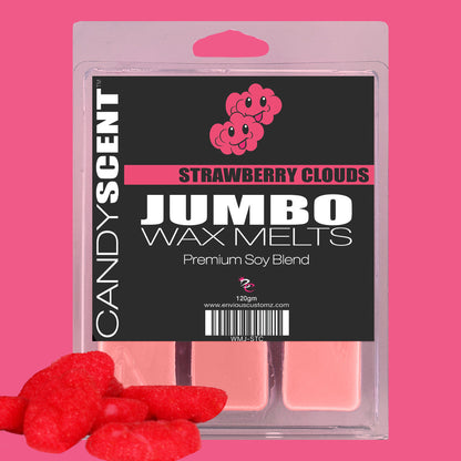 A plastic package labeled "CANDYSCENT™ Jumbo Wax Melts Premium Soy Blend" against a pink background. The package contains multiple rectangular pink wax melts with a long-lasting strawberry aroma, weighing 120 grams. Some highly scented wax pieces are placed in front of the package.