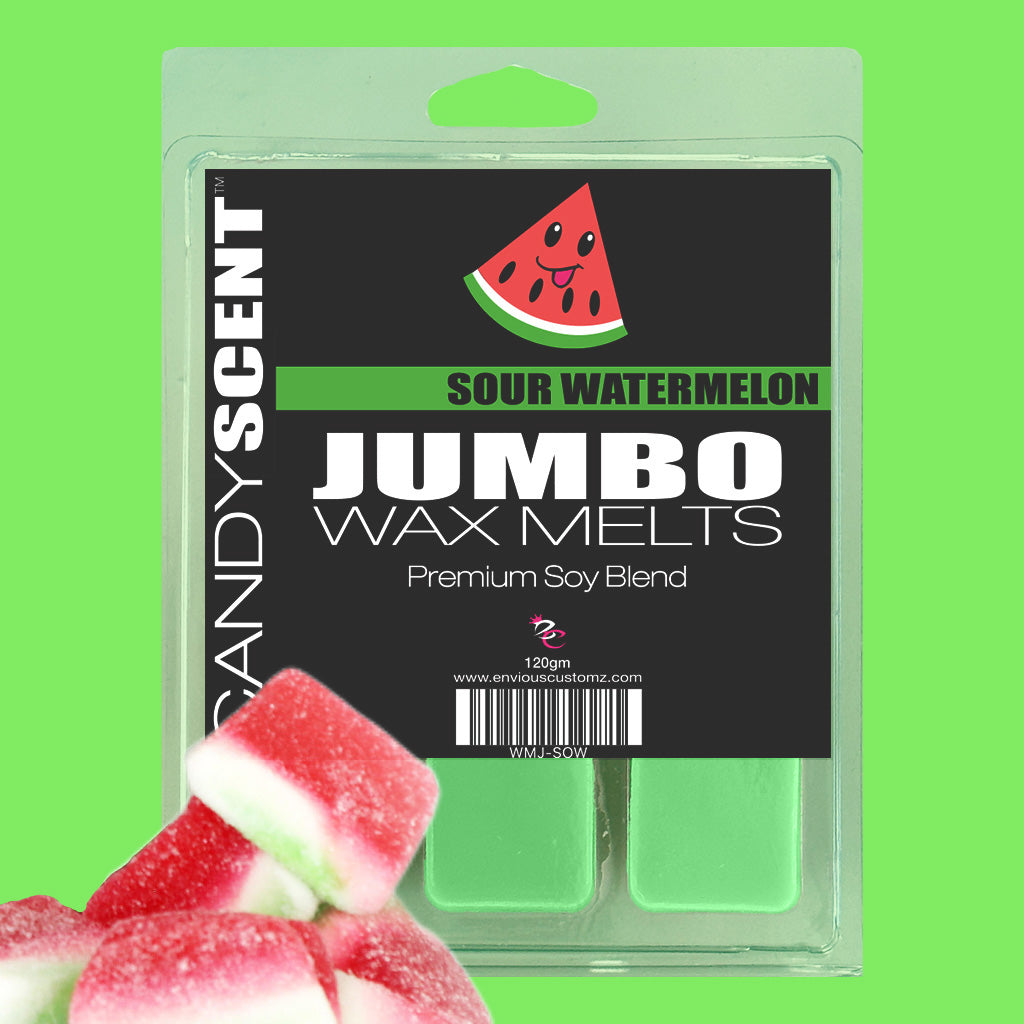 Image of a package of CANDYSCENT™ Jumbo Wax Melts labeled "Sour Watermelon" by CandyScent. The highly scented wax melts are green and come in a clamshell container. There's a smiling watermelon slice graphic on the packaging, with a few pieces of watermelon candy in the foreground.