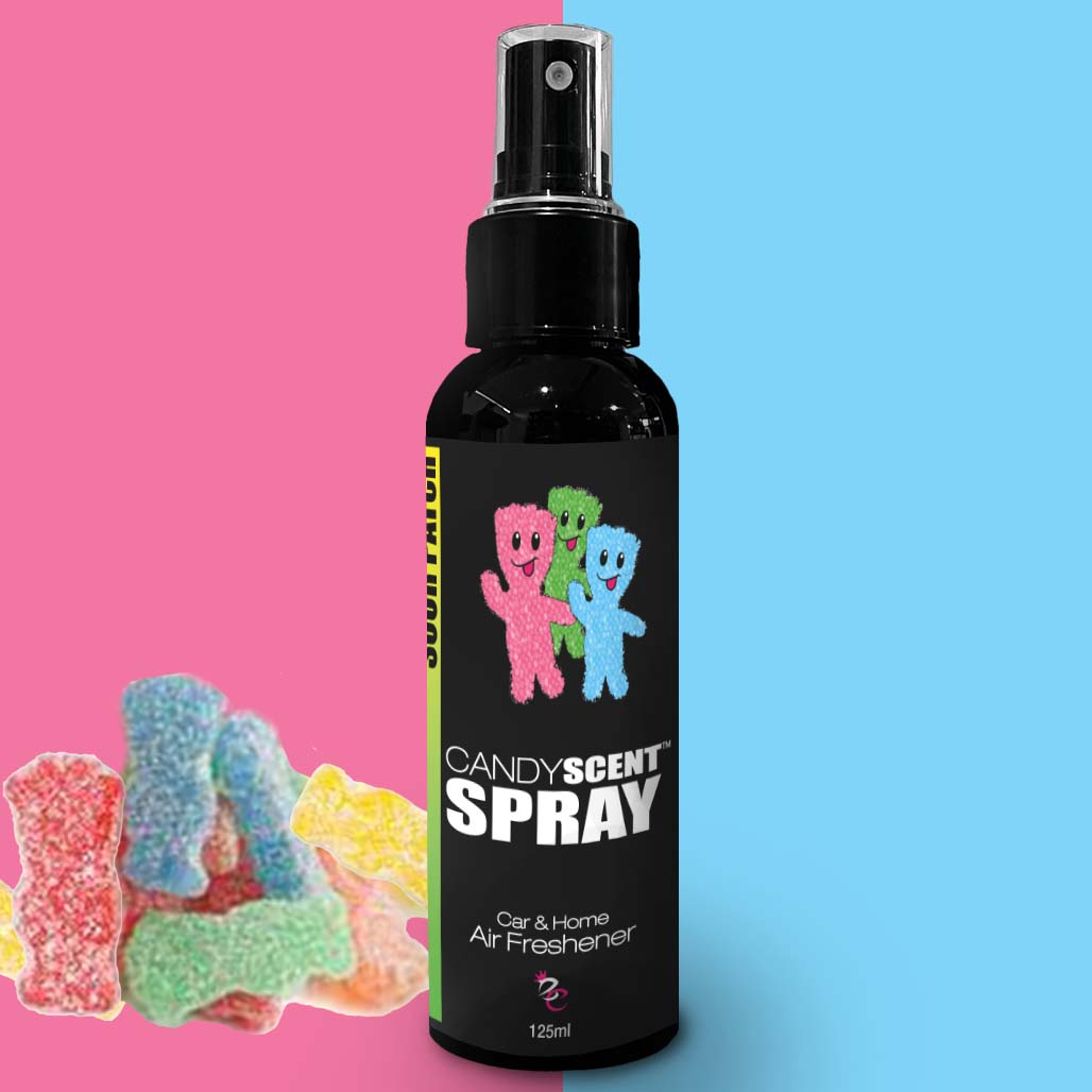 Image of a 125ml bottle of CANDYSCENT™ Car & Home Scent Spray, perfect for eliminating odours. The black bottle has a label featuring colorful gummy-like characters. The left side of the image shows various gummy candies, highlighting the product's sweet and long-lasting fragrance.