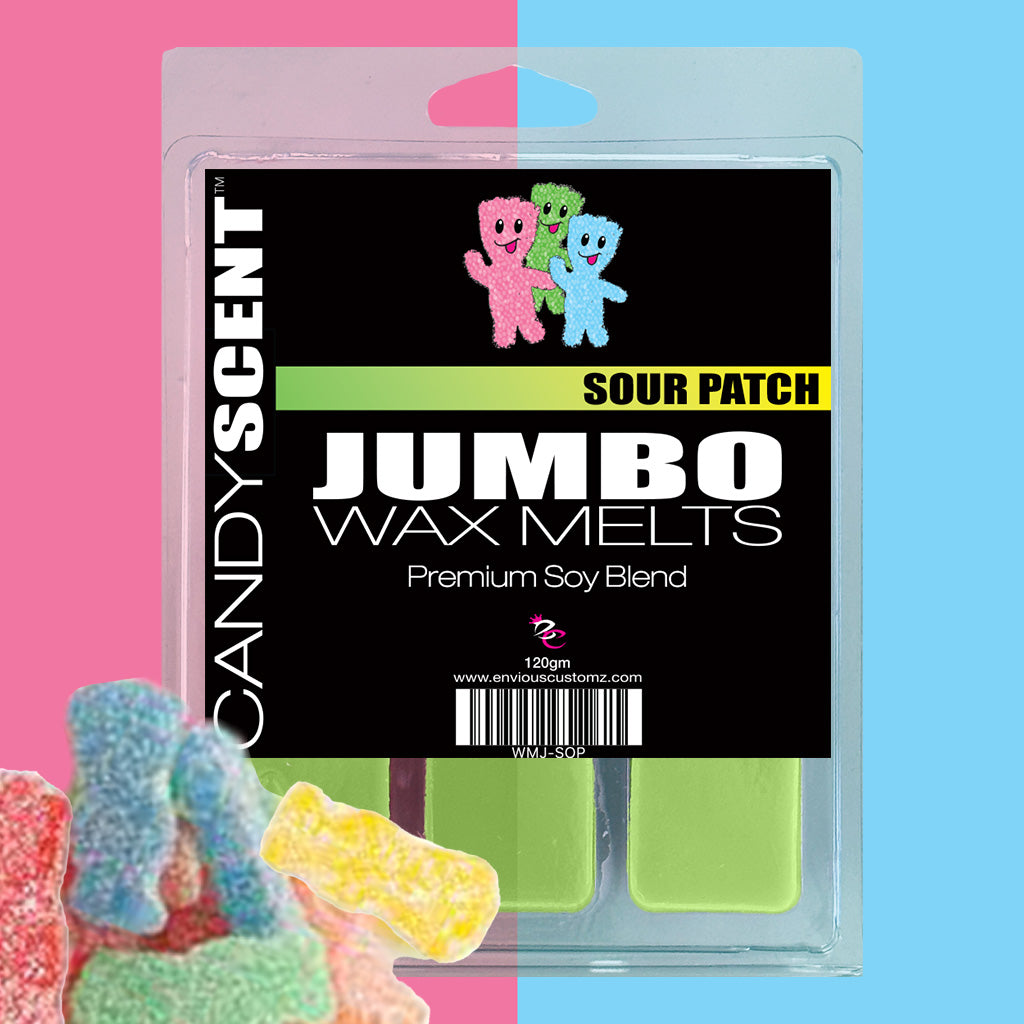 The image displays a package of CANDYSCENT™ Jumbo Wax Melts, "Sour Patch" scented. The packaging showcases colorful gummy bear characters and is labeled "Premium Soy Blend" with a content weight of 120g. Inside the clear plastic case, there are three pastel green highly scented wax bars, promising a long-lasting aroma.