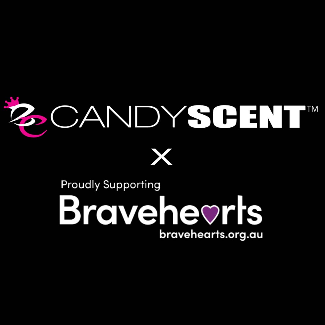 A black background prominently displays the CANDYSCENT™ logo at the top and the text "Proudly Supporting Bravehearts Foundation," along with their logo and website, bravehearts.org.au, at the bottom.