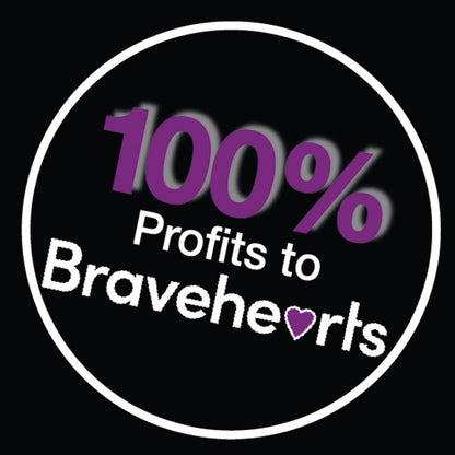 A black circular logo with white borders. Inside the circle, it reads "100% Profits to Bravehearts Foundation" in bold purple and white text, with a small purple heart in place of the letter "a" in "Bravehearts," is displayed on the CANDYSCENT™ x Troy Candy Car Spray by CANDYSCENT™.