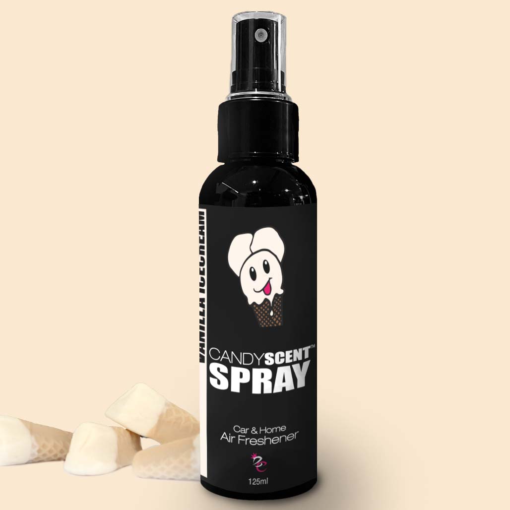 A 125ml spray bottle labeled "CANDYSCENT™ Car & Home Scent Sprays - Vanilla Ice Cream" is displayed. The bottle features a cartoon ice cream cone character and promises to eliminate odors with a long-lasting fragrance. In the background, there are small vanilla ice cream candies.