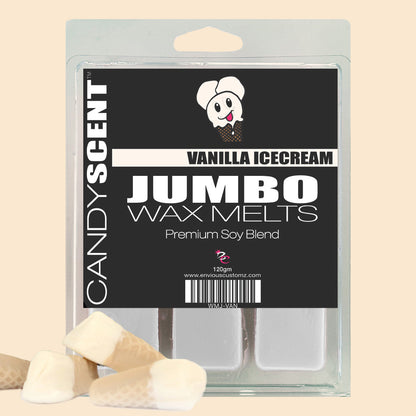 Packaging for CANDYSCENT™ Jumbo Wax Melts (Vanilla Ice Cream, 120g). The packaging showcases a cartoon character that looks like an ice cream scoop in a cone, with highly scented wax melts housed in a clear plastic casing. Some of the wax melts are displayed outside the package, offering a promise of long-lasting aroma.