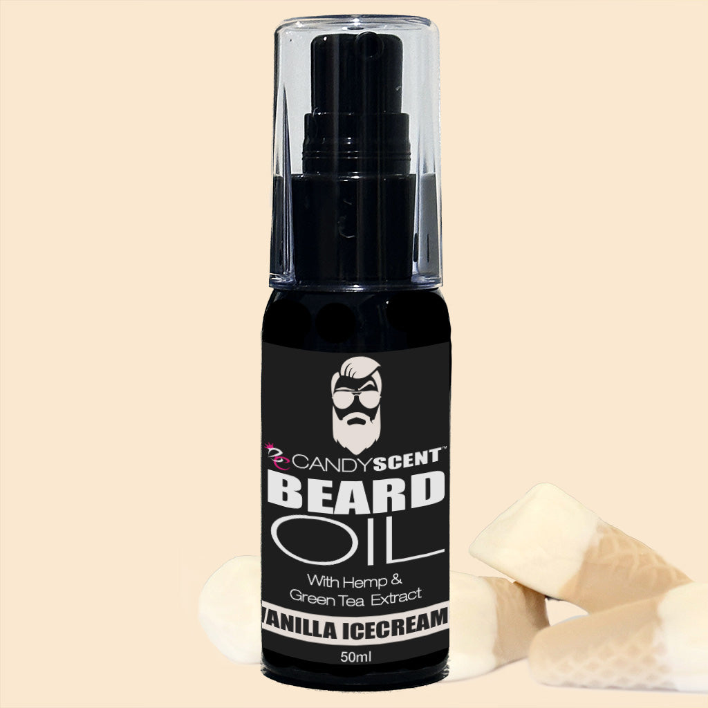 A 50ml bottle of CANDYSCENT™ Beard Oil, labeled "Beard Oil," with hemp and green tea extract for optimal beard health. The "Vanilla Ice Cream" scent wafts from the black bottle with a clear cap, set against a beige background alongside pieces of vanilla ice cream cones.