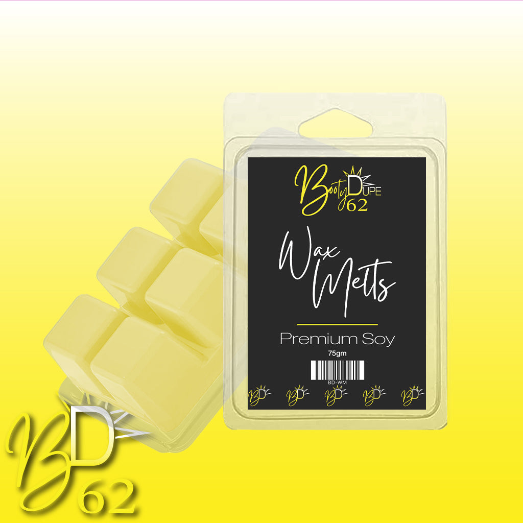 A package of "BOOTY DUPE Soy Wax Melts" promises a long-lasting aroma. The black packaging with yellow text showcases six yellow wax cubes beside it, all set against a gradient background from white to yellow. The "BD62" logo is in the bottom left corner, highlighting these highly scented wax melts.