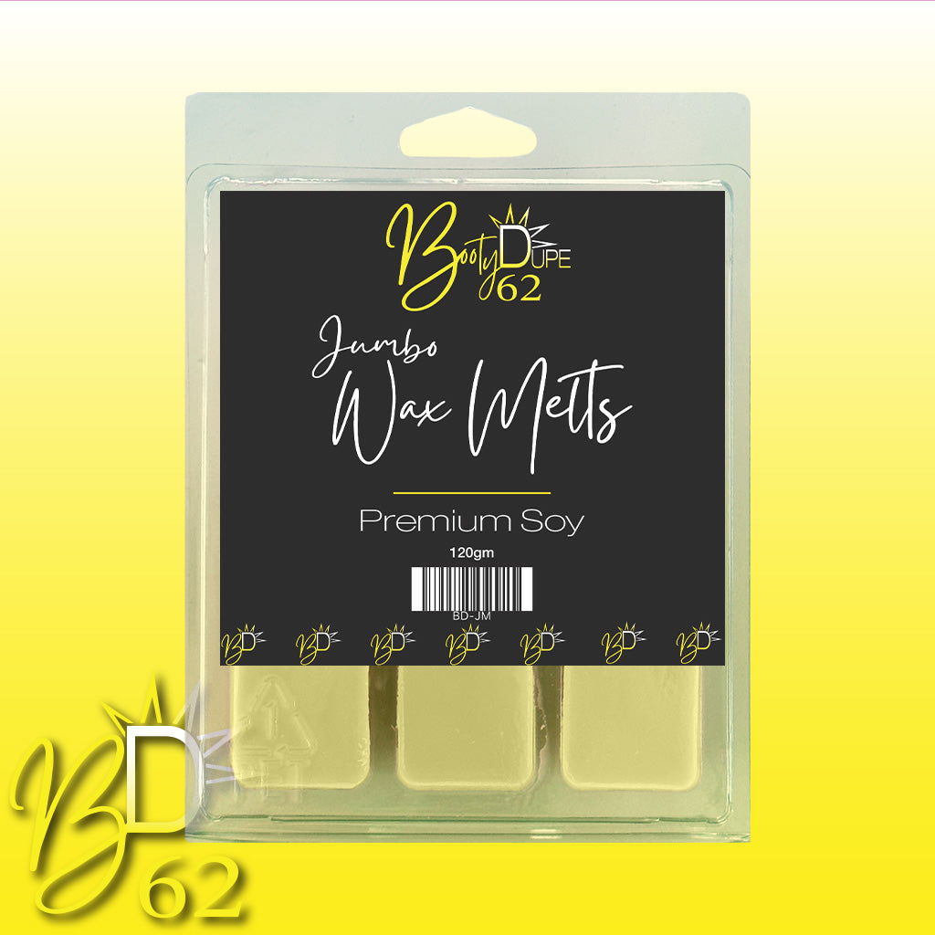 The image shows a package of BOOTY DUPE Soy Wax Melts, weighing 120 grams. The label features a black background with white text, a barcode at the bottom, and the BD62 logo in yellow at the top. The highly scented beige-colored wax melts promise a long-lasting aroma.