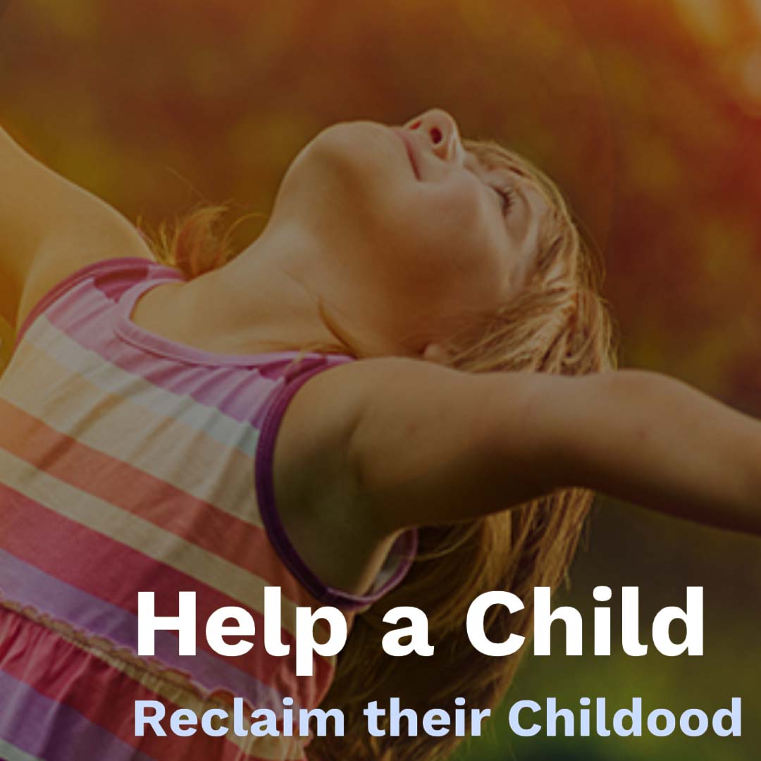 A child wearing a striped tank top stretches their arms upward, basking in sunlight with a joyful expression. The text overlay reads, "Help a Child Reclaim their Childhood" with the support of CANDYSCENT™ x Troy Candy Car Spray from CANDYSCENT™.