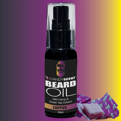 A 50ml bottle labeled "Beard Oil" by CANDYSCENT™ is showcased against a gradient background of purple, yellow, and gray. In the lower right corner, pieces of candy wrapped in purple foils add a sweet touch—a must-have for beard health and grooming essentials.